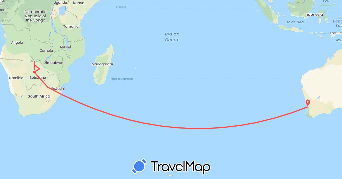 TravelMap itinerary: driving, hiking in Australia, Botswana, South Africa (Africa, Oceania)